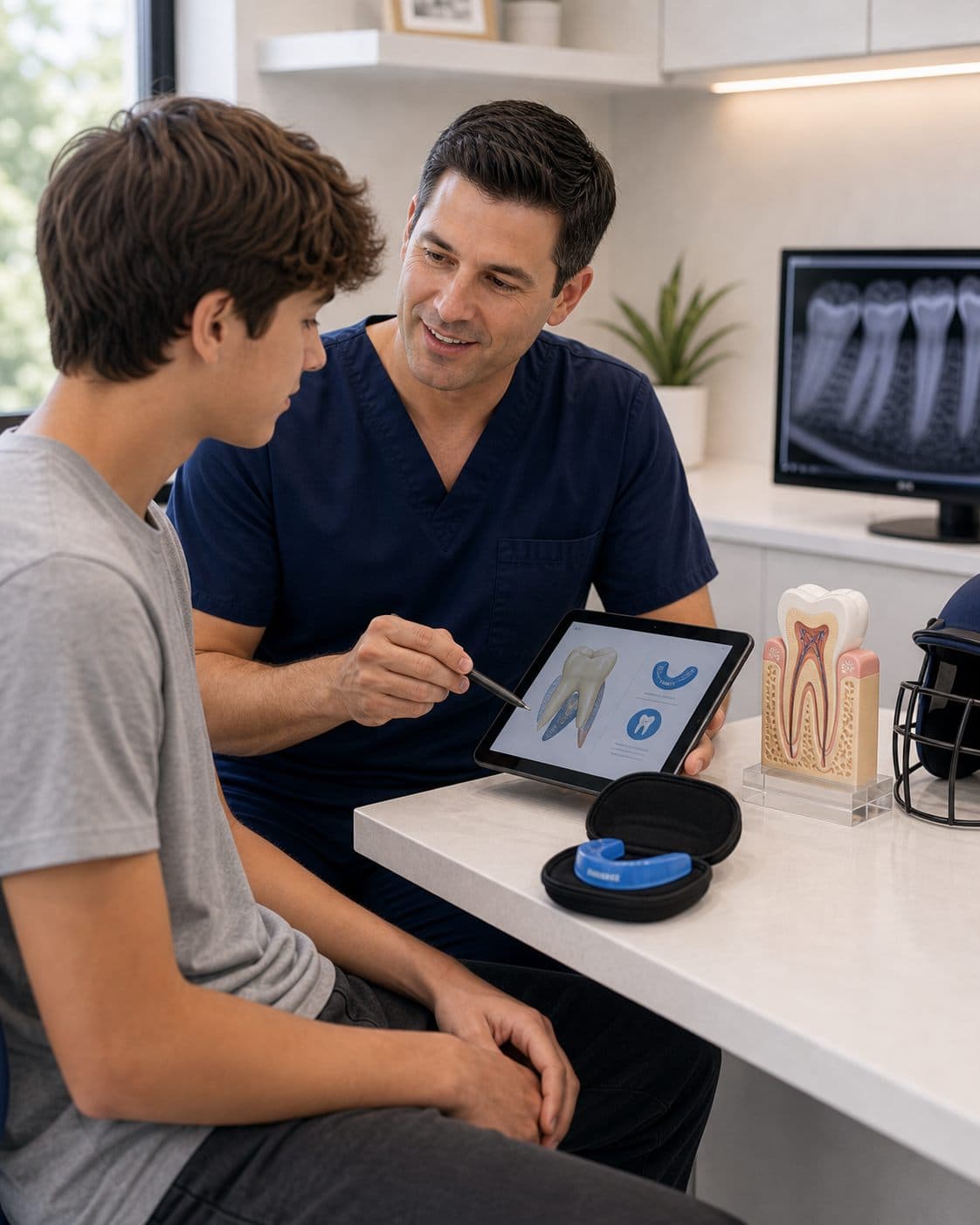 Dental trauma consultation with a mouthguard and tooth model at Biologic Endodontics