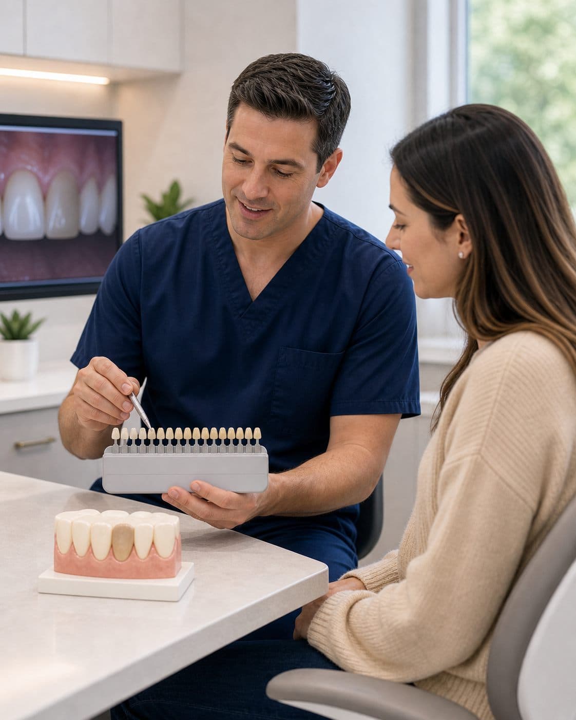 Internal bleaching consultation with a tooth shade guide at Biologic Endodontics