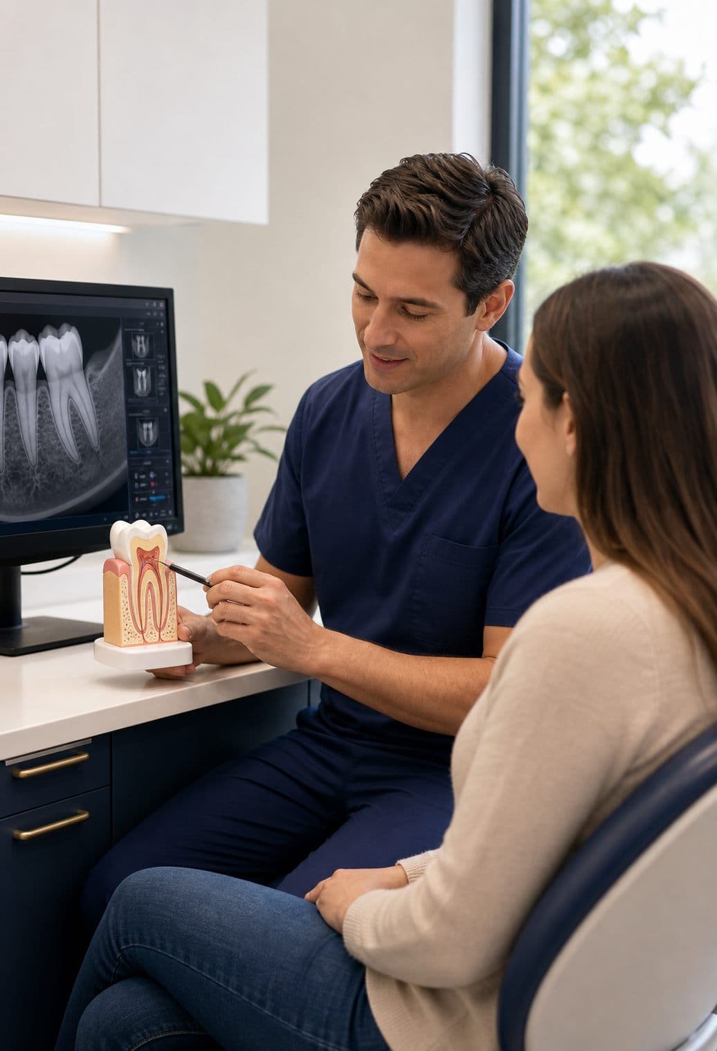 Root canal consultation with a tooth anatomy model at Biologic Endodontics